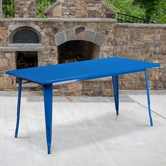 EMMA + OLIVER Commercial Grade 31.5" x 63" Rectangular Blue Metal Indoor-Outdoor Table