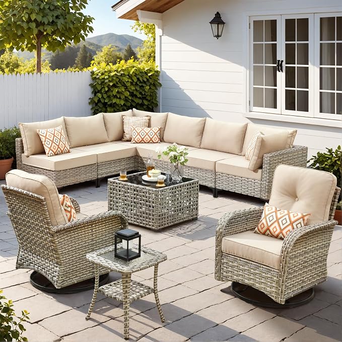 10 Pieces Wicker Patio Furniture Set,Outdoor Sectional Sofa with Swivel Chairs Coffee Table,Outside Deep Seat Rattan Couch Conversation Set,Beige