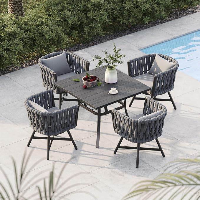 Grand patio 5-Piece Outdoor Dining Set for 4, Patio Dining Furniture Set for 4 Swivel Rope Wicker Chairs & 1 Square Dining Faux Woodgrain Table with Umbrella Hole, Dark Gray