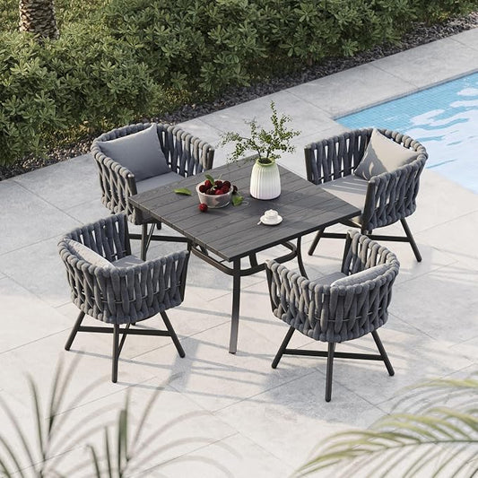Grand patio 5-Piece Outdoor Dining Set for 4, Patio Dining Furniture Set for 4 Swivel Rope Wicker Chairs & 1 Square Dining Faux Woodgrain Table with Umbrella Hole, Dark Gray