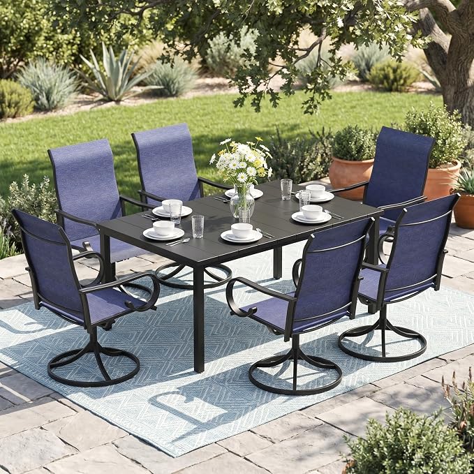 7 Pieces Patio Dining Set, 6 Outdoor Swivel Dining Chairs with 63" Rectangle Metal Outdoor Dining Table with Umbrella Hole for Garden Backyard Deck, Dark Blue & Black