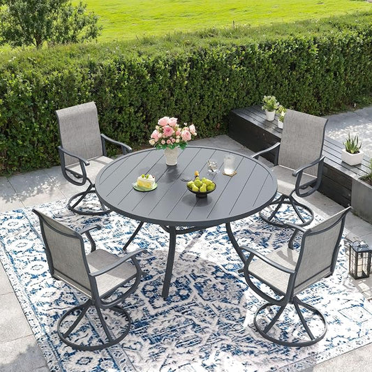DIFY Outdoor Dining Set for 4, 5 Piece Patio Table and Chairs Set, Swivel Patio Dining Chairs with Textilene Fabric & 47.2" Round Metal Dining Table with Umbrella Hole, for Garden Backyard Deck, Grey