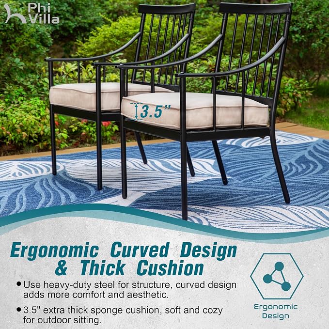 PHI VILLA 5-Piece Patio Dining Set, 37" Square Steel Table, Fixed Chairs | Cushions Chairs, Umbrella Hole, All-Weather Use