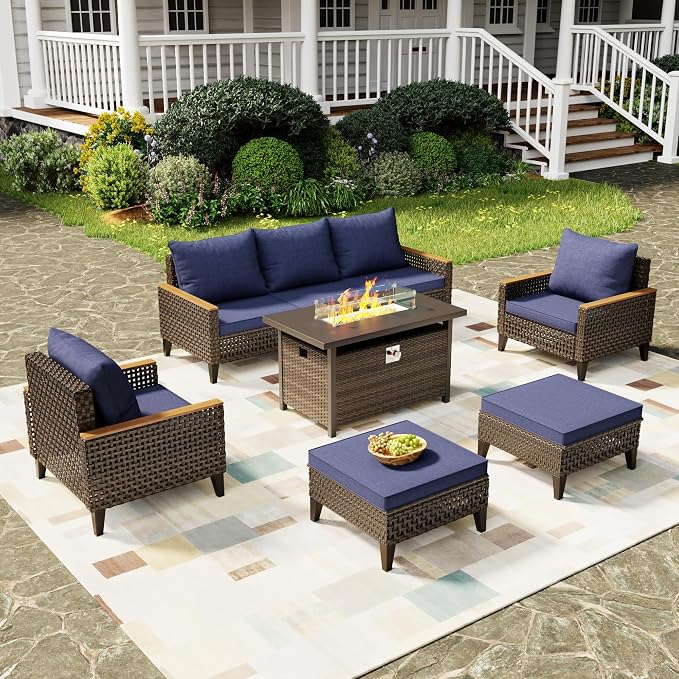 8Piece Patio Furniture Set with 50000 BTU Propane Fire Pit Table, All-Weather Wicker Rattan Outdoor Sectional Sofa Set with High Back and Thick Cushions for Garden, Porch, Poolside, Blue