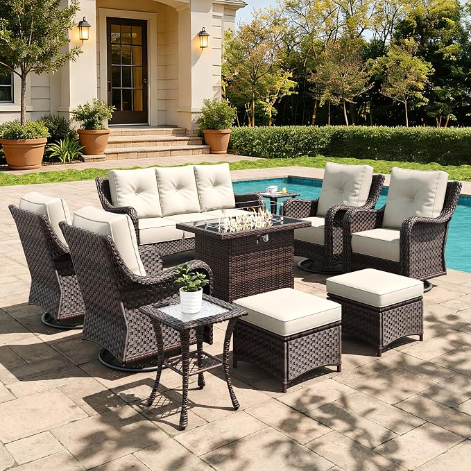 10 Pieces Outdoor Furniture Set with 6-inch Cushions, High Back Wicker Swivel Rocker Chairs with Fire Pit Table, Luxury Conversation Set for Deck Patio and Poolside