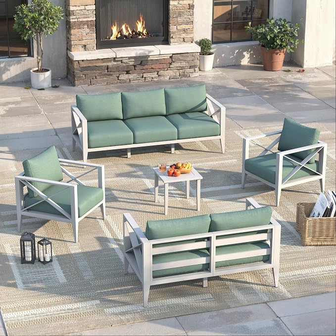 Aluminum Outdoor Patio Furniture Set, 8-Piece Outdoor Sectional with 5.2" Thick Cushions, Patio Conversation Sets for Backyard,(White,7 Seats)