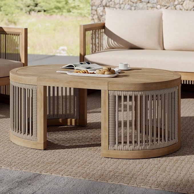 Christopher Knight Home Buekaz Outdoor Acacia Wood Coffee Table with Woven Rope Accents, Outdoor Patio Slatted Oval Centerpiece, Boho Chic Garden Sofa Side Accent Table for Modern Decor, Light Teak