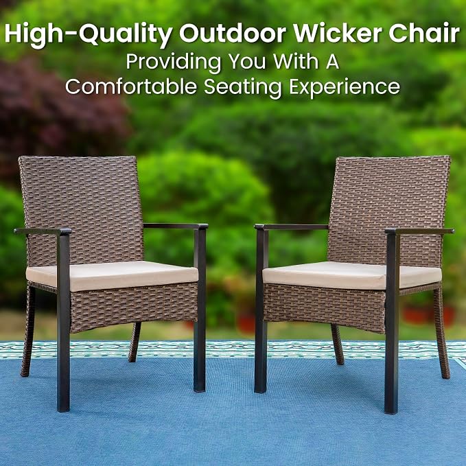 PHI VILLA 5pc Patio Dining Set with Umbrella, Square Table, Rattan Chairs | 37" Metal square dining table, cushioned wicker chairs, 10ft red umbrella. Perfect for patio, deck, yard, porch.
