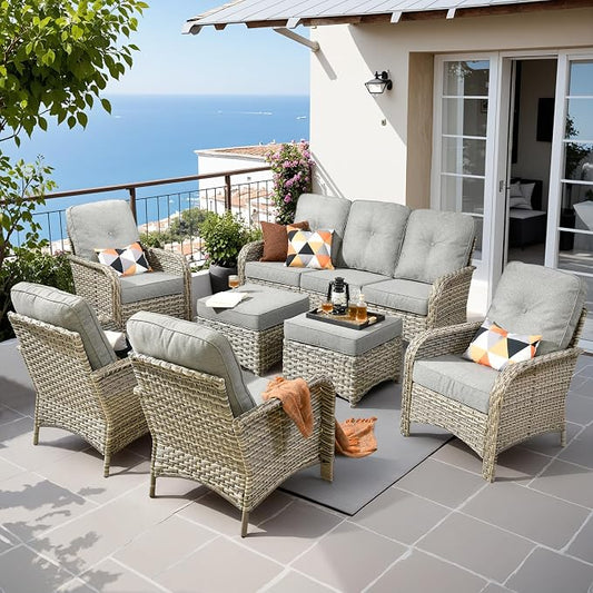 7-Piece Outdoor Patio Furniture Set with Ottomans 3 Seater Couch,All Weather Wicker Rattan Patio Seating Sofa and Chair Set with Ottomans,Outdoor Conversation Sets for Porch Deck Yard,Grey