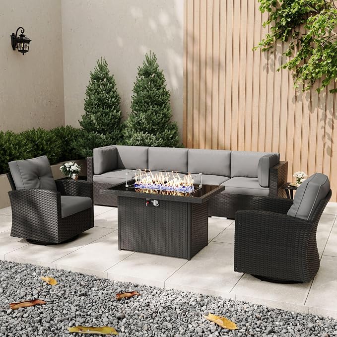 Patio Furniture Set with Fire Pit Table, 9 Pieces Outdoor All-Weather Wicker Conversation Sectional Chair Sofa Set with 2 Swivel Chairs