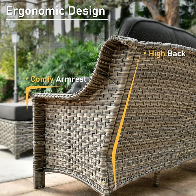 HOOOWOOO 6 Piece Patio Furniture Conversation Sets with Swivel Rocking Chairs,Outdoor Wicker Furniture with Ottoman,All Weather Resistant High Back Rattan Conversational Set(Black)