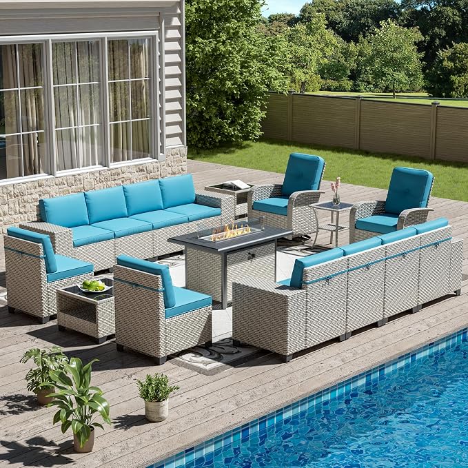 16-Piece Outdoor Patio Furniture Set, Modular Sectional Sofa Set with Swivel Rocker Chairs & Fire Pit, Wicker Outdoor Couch Conversation Sets w/Coffee Table and Cushions, Turquoise