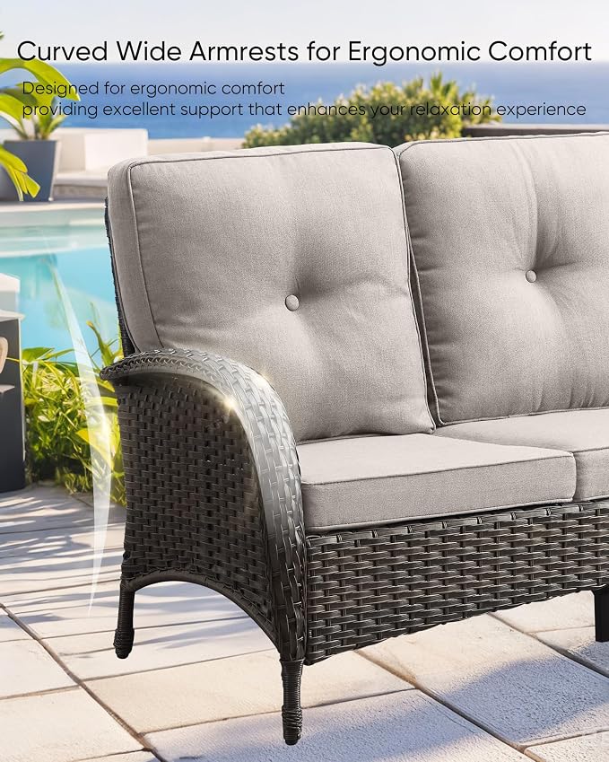 HUMMUH Outdoor Patio Couch with Thick Cushions Patio Sofa for Deck Lawn Porch Balcony Poolside-Brown/Grey