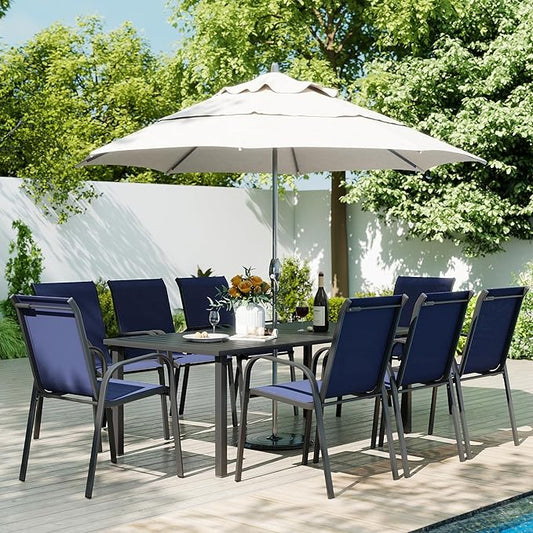 HAPPATIO Outdoor Patio Dining Set, 8 Quick Dry Textilene Dining Chairs and Dining Table with Umbrella Hole, Stackable Textilene Chairs for Garden, Patio and Poolside Backyard, Blue