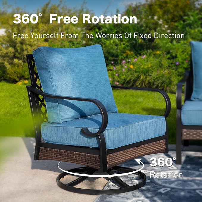 SUNSHINE VALLEY 5 PCS Metal Outdoor Patio Furniture Set, Patio Conversation Set with 1 3-Seater Sofa, 2 Swivel Sofa, Coffee Table - Black & Blue