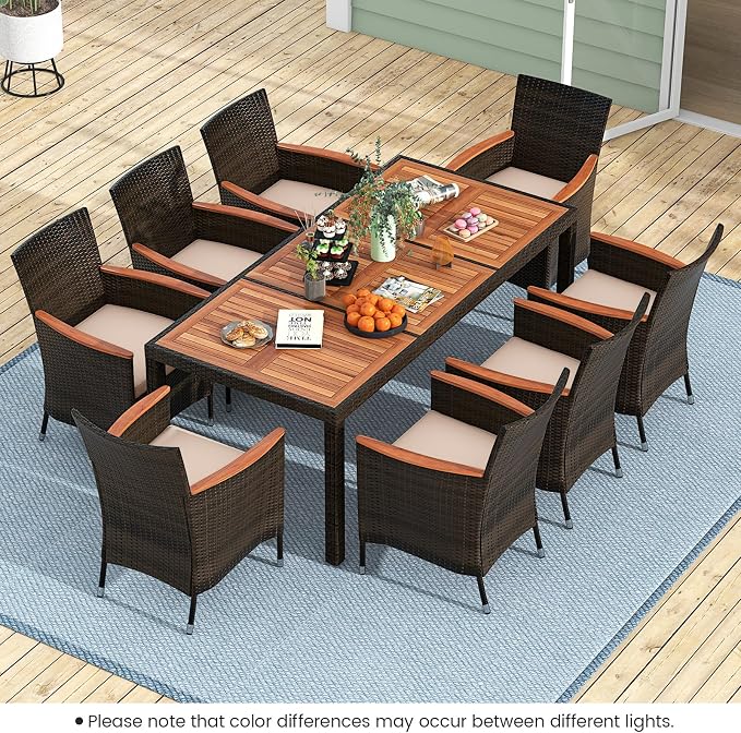 Tangkula 9 Pieces Outdoor Dining Set - Patio Wicker Furniture with Acacia Wood Table Top, Rattan Dining Table Chairs Perfect for Outdoor and Indoor