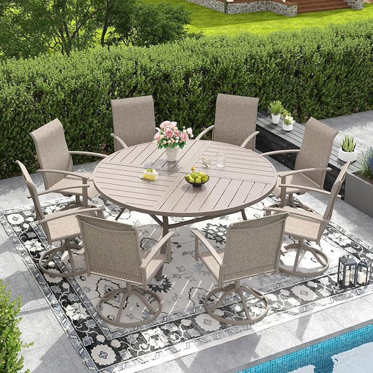 DIFY 9 Pieces Outdoor Dining Set, Metal Patio Table and Chairs Set for 8 with Umbrella Hole, 59.8" Round Outdoor Table and Textilene Swivel Patio Chairs for Garden, Backyard, Poolside, Sandshell