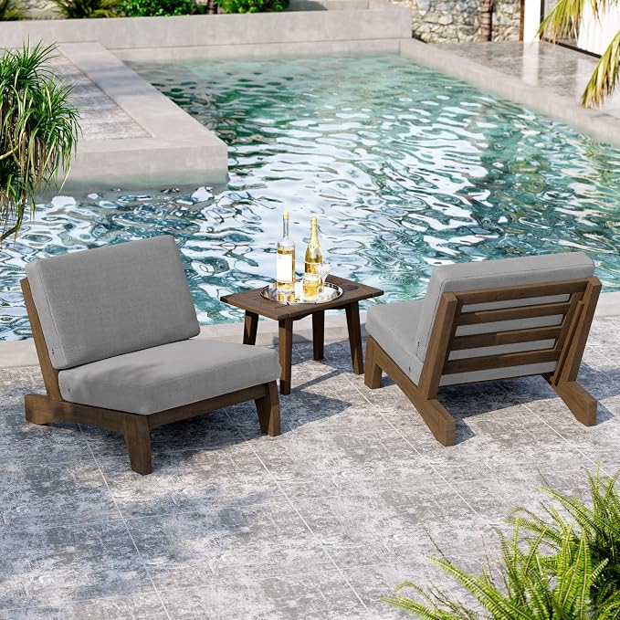 3 Piece Wood Patio Chair Outdoor Bistro Set, All Weather Outdoor Furniture Patio Sofa Chair Backyard Seating Group Conversation Sets with Wooden Side Table - Gray