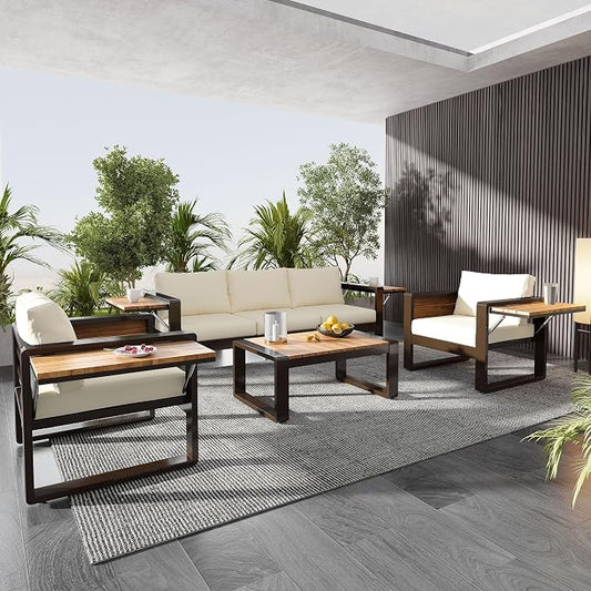 4-Piece Aluminum Frame Outdoor Patio Furniture Set for 5 Person, 3-Seater Sofa, 2 Armchairs with Fold-Out Side Tables, Modern Garden/Patio Seating, All-Weather Use, Beige Cushions