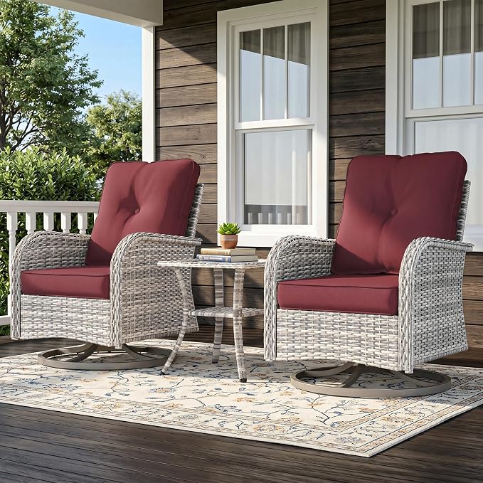 3-Piece Small Patio Furniture Set, Outdoor Swivel Rocking Chairs Set with Wicker Chairs and Tempered Glass Side Table, Outdoor Furniture Patio Bistro Set for Balcony, Deck, Porch