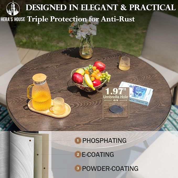 HERA'S HOUSE 5-Piece Patio Dining Set, 4 Metal Cushioned Chairs, Beige | 44" round wood-look metal table, Umbrella hole, E-coated and powder-coated steel frame, All-weather design