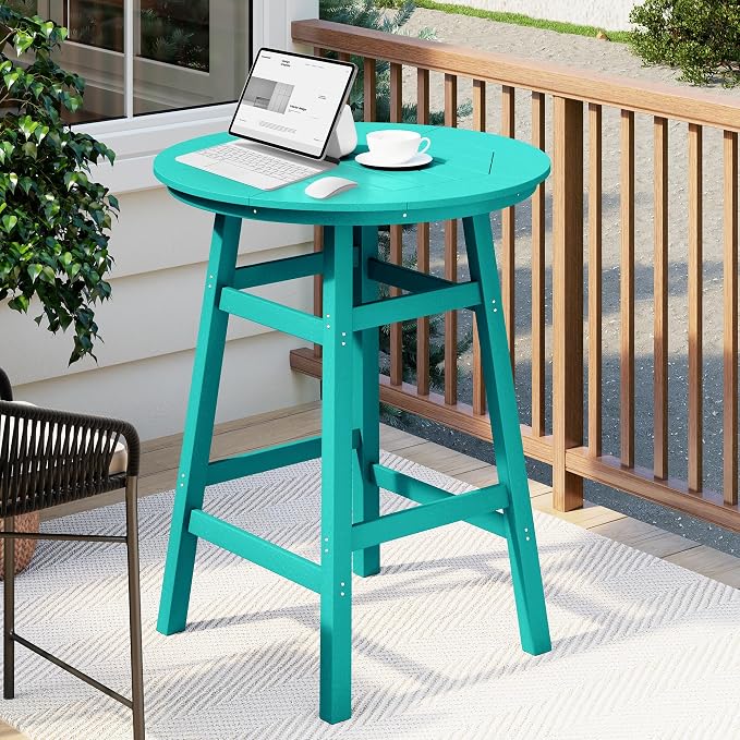 Costaelm Patio Bistro Table, 42" Counter Height Round Patio Cocktail Bar Table with Umbrella Hole, Outdoor Bistro Dining Pub Table for Front Porch Deck Backyard Garden, Turquoise