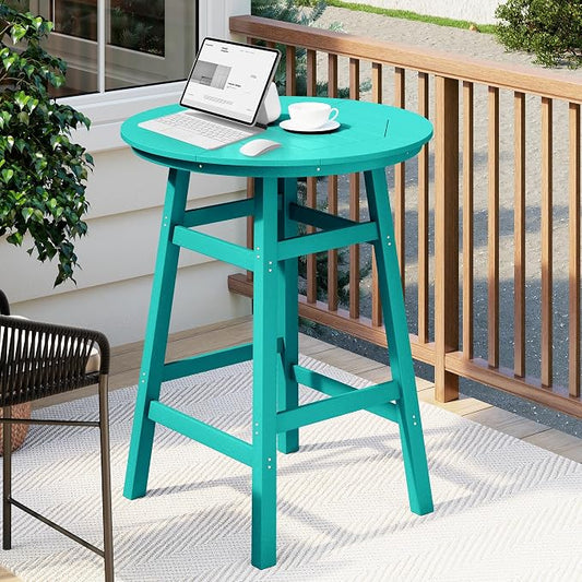 Costaelm Patio Bistro Table, 42" Counter Height Round Patio Cocktail Bar Table with Umbrella Hole, Outdoor Bistro Dining Pub Table for Front Porch Deck Backyard Garden, Turquoise