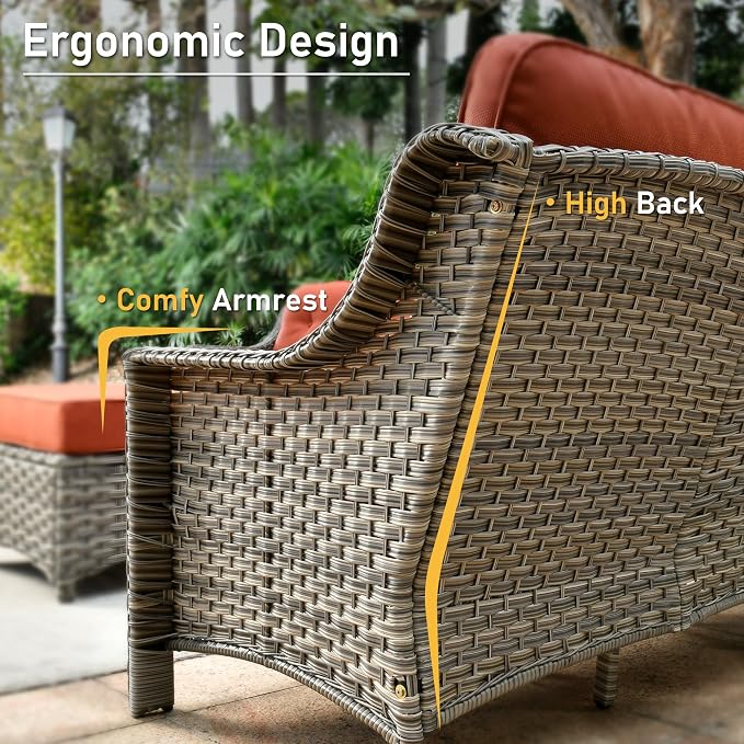 HOOOWOOO 6 Piece Patio Furniture Sets with Fire Pit Table,Outdoor Wicker Furniture Set,All Weather Resistant Outside High Back Rattan Conversation Set for Out Door(Red)
