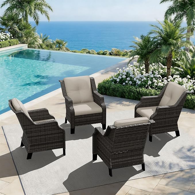 Outdoor Patio Chairs Set of 4, Wicker Patio Furniture with Thick Cushions, Curved Armrest, Deep Seating, Rattan Outdoor Chairs for Porch, Deck, Balcony