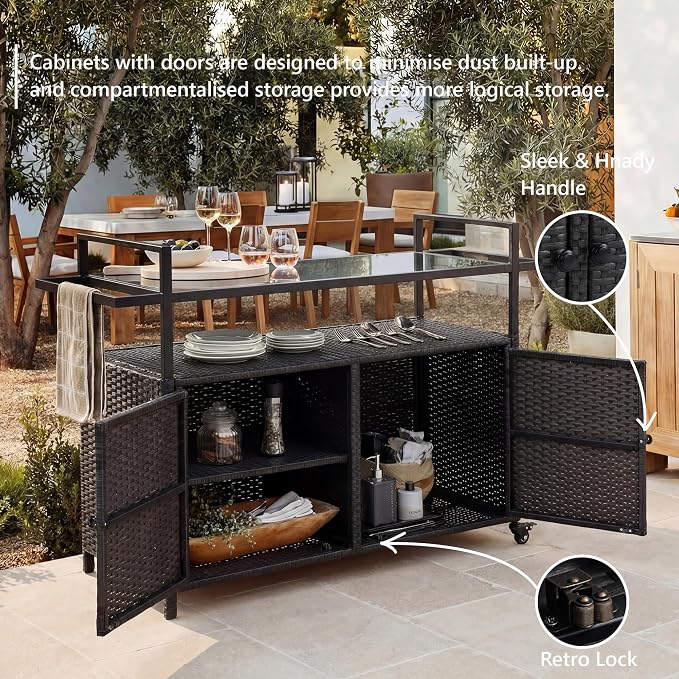 51.2" Wicker Outdoor Bar Cart - Brown Patio Console Storage Table Buffet Cabinet Serving Kitchen Cart with Wheels for Outside Backyard