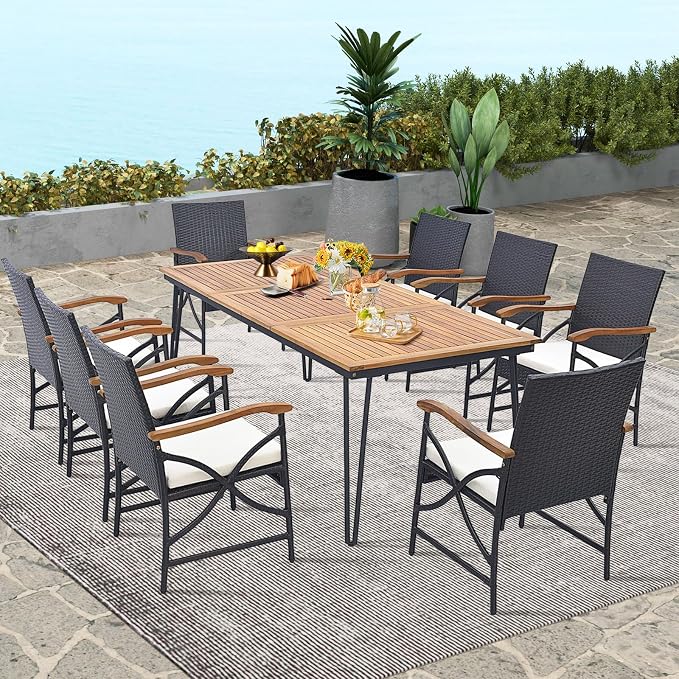 Tangkula 9 Pieces Patio Dining Table and Chairs Set with Umbrella Hole, Acacia Wood Table with Metal Frame, and Heavy Duty Cushioned Wicker Chairs, for Backyard, Garden and Poolside (Mix Brown)