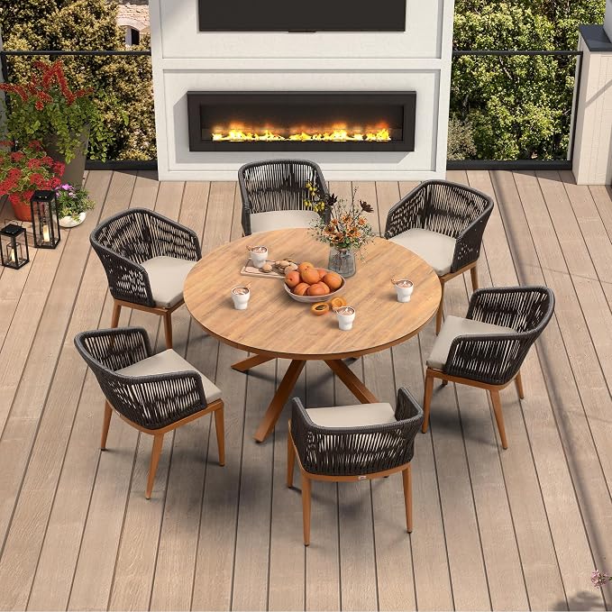 PURPLE LEAF 7 Pieces Round Outdoor Dining Set Outdoor Dining Table and Chairs Aluminum Wicker Rattan Patio Furniture Set for Lawn Garden Backyard Brown