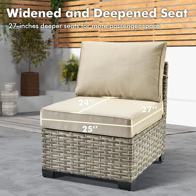 Weaxty 7 Pieces Wide Seats Outdoor Furniture Set, L Shape Sectional Couch Ottoman Fire Pit Solar Table, Thick Cushion All-Weather Rattan Patio Conversation Sets for Backyard Porch Deck, Beige