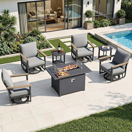 7Pcs Patio Rocking Swivel Chair with 55,000 BTU Fire Pit Table Outdoor Aluminum Bistro Set with Coffee Table, Patio Furniture Set with High Backrest & Thickened Cushions, Grey
