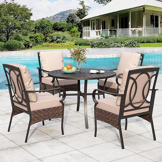Sophia & Willliam Oversized Outdoor Dining Set 5 Piece Metal Patio Table and Chairs Set with 4 Large Padded Patio Dining Chairs & 42" Round Dining Table, Deck,Lawn,Kitchen Furniture
