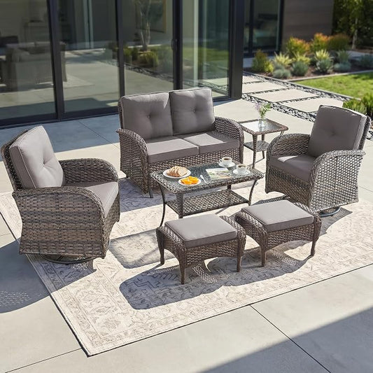 7 Piece Patio Furniture Set - Wicker Patio Conversation Set with Swivel Glider, Glider Loveseat, Tempered Glass Side Table and 2 Ottomans for Deck Backyard - Brown Wicker Grey Cushion