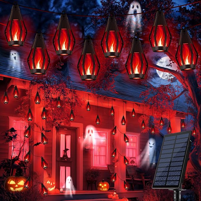 iBaycon 27FT 10 LED Solar Flame Halloween String Lights Outdoor, Red | Ultra-Real Flickering Flame Lamp Outdoor Waterproof, Solar Patio String Lights for Garden Yard Lawn Halloween Decorations