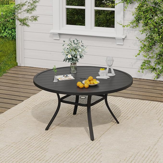 VICLLAX 47.2" Round Patio Table, Outdoor Dining Table for 6 with Umbrella Hole for Garden Lawn Deck Backyard, Black