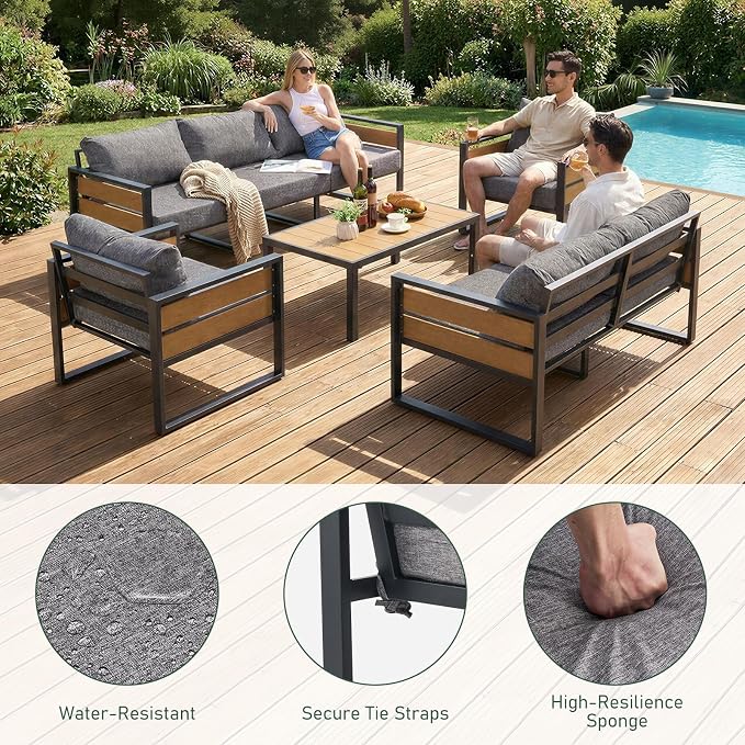 Furnimart Patio Furniture Set, 5-Piece Metal Outdoor Sectional, 7-Seat Patio Conversation Set with Deep Seating, Thick Cushions & Coffee Table for Backyard, Porch & Deck, Gray