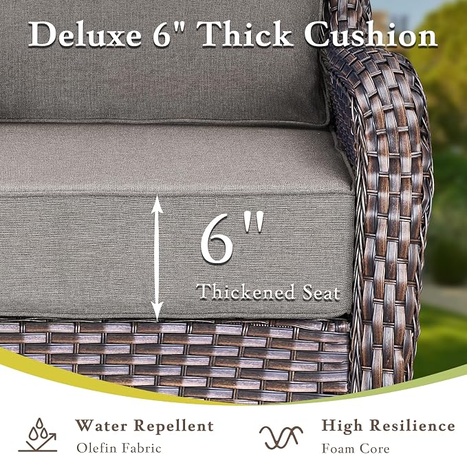 Luxury High Back Outdoor Furniture with 6-inch Extra Thick Cushions, Patio Furniture Set with Fire Pit Table & Swivel Chairs, 9 PCS Wicker Conversation Set for Yard, Deck, Poolside, Brown/Grey