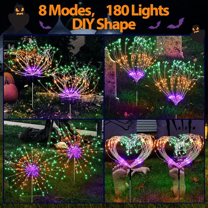 Tujoe Halloween Decoration Outdoor 4 Pack Solar Firework Light with 180 LED Halloween Solar Lights 8 Lighting Modes for Yard Garden Pathway Party Decoration(Green, Orange, Purple)