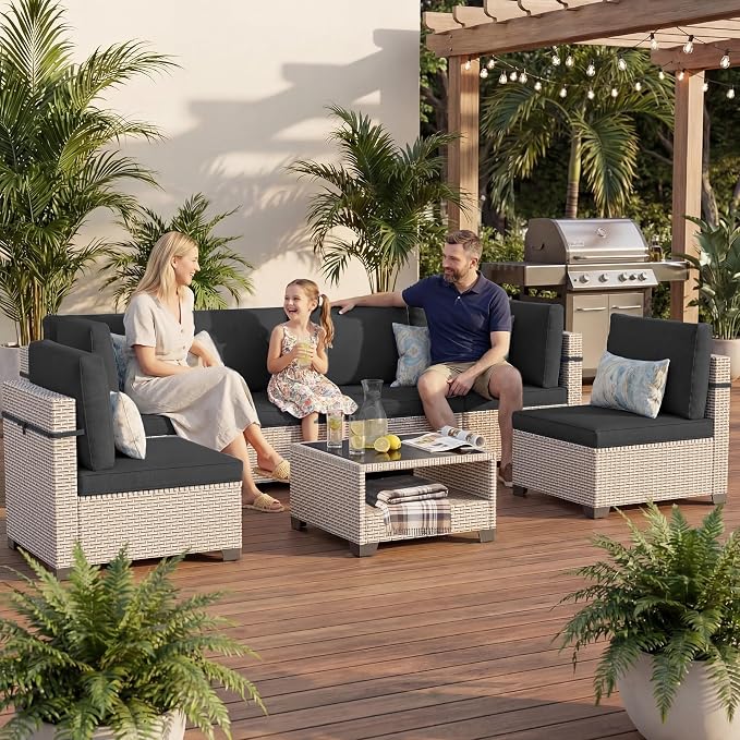 Patio Furniture Set, 7-Piece Outdoor Sectional Sofa with 2-Layer Glass Coffee Table, Wicker Patio Conversation Set with Black Cushions for Backyard, Poolside, Porch