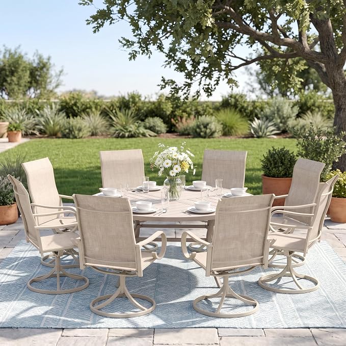 9 Pieces Patio Dining Set, 8 Outdoor Swivel Dining Chairs with 60.1" Round Metal Outdoor Dining Table with Umbrella Hole for Garden Backyard Deck, Sandshell