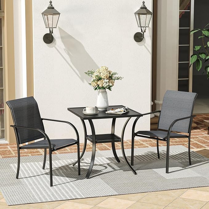 VICLLAX 3 Pieces Patio Outdoor Dining Set, 28" Square Metal Table and 2 Stackable Textilene Chairs for Patio, Lawn, Garden, Porch, Black/Grey