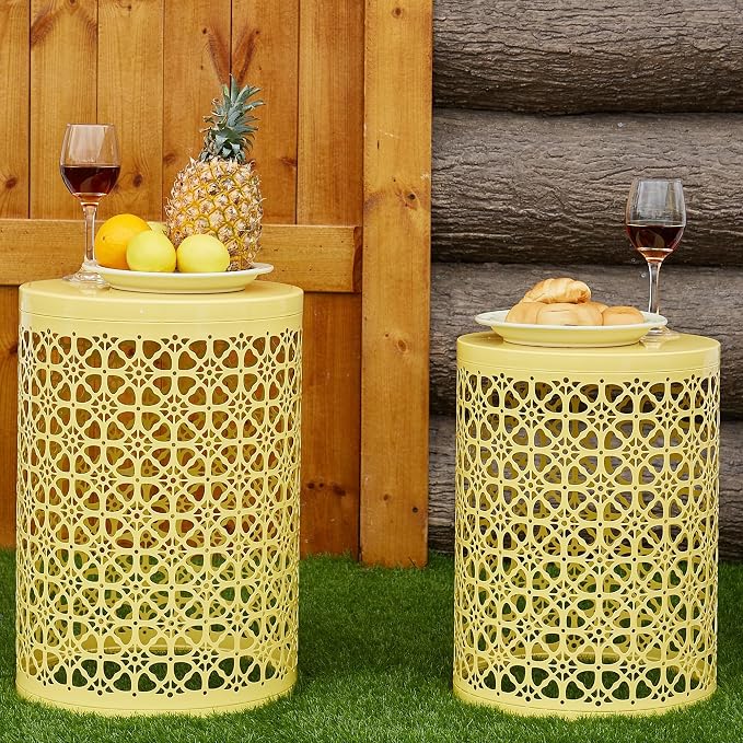 Y&M Outdoor Side Tables, Set of 3 Metal Stacking Patio Side Tables for Outside, Round Indoor End Tables, Coffee Accent Poolside Tables for Patio Garden Balcony, Yellow