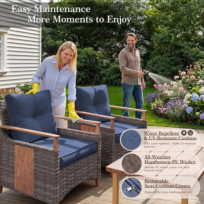 NestNook 5 Pieces Patio Furniture Set, Outdoor Conversation Set with All-Weather Handwoven PE Wicker Sofa, Rattan Chairs and Thick Cushion, Loveseat & Coffee Table for Backyard, Deck & Poolside, Blue