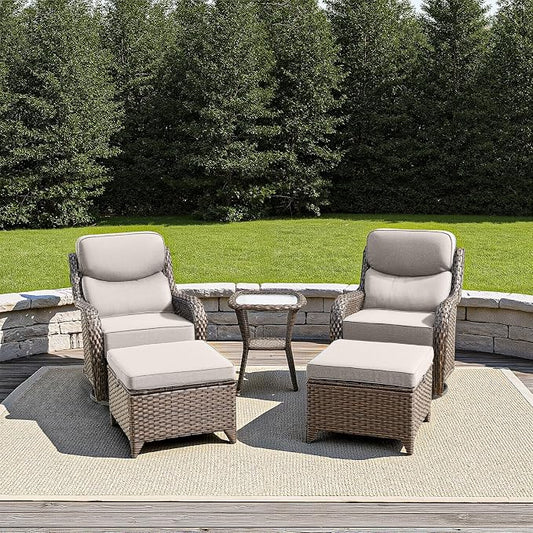 Luxury Outdoor Furniture Set with 6-Inch Thick Cushions, High Back Swivel Patio Chairs with Ottomans & Side Table, Wicker Outdoor Swivel Chairs Set for Porch, Yard, Deck, Poolside, Brown/Beige