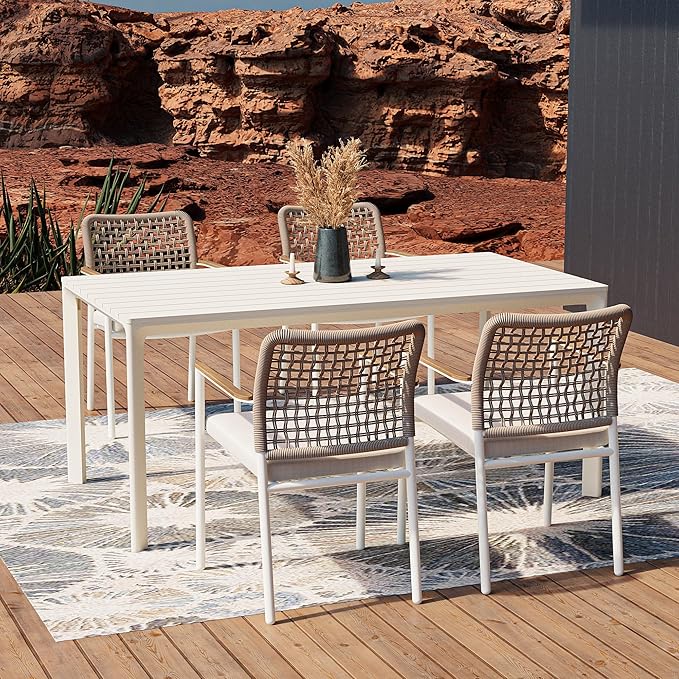 Modern Shade 5 Piece Luxury Outdoor Dining Set, Designer Outdoor Table and Chairs with Fade Resistant Cushions & FSC Teak, Premium Aluminum Patio Table and Chairs Set for Elegant Outdoor Living, Beige
