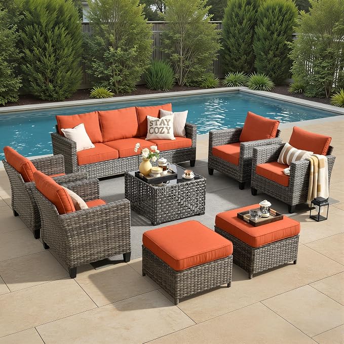 8 Piece Wicker Patio Furniture Set with Solar Table, Orange | Outdoor Deep Seating Sofa Chair Ottoman, Solar Lights Table, All Weather Rattan, Modern Conversation Set, Porch Deck Backyard