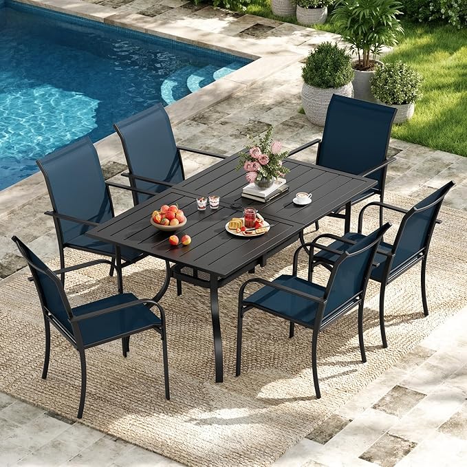 Crownland 7 Piece Patio Dining Set, Outdoor Textilene Dining Sets, 6 Textilene Metal Chairs and Rectangular Outdoor Dining Table with 1.57" Umbrella Hole (Blue)